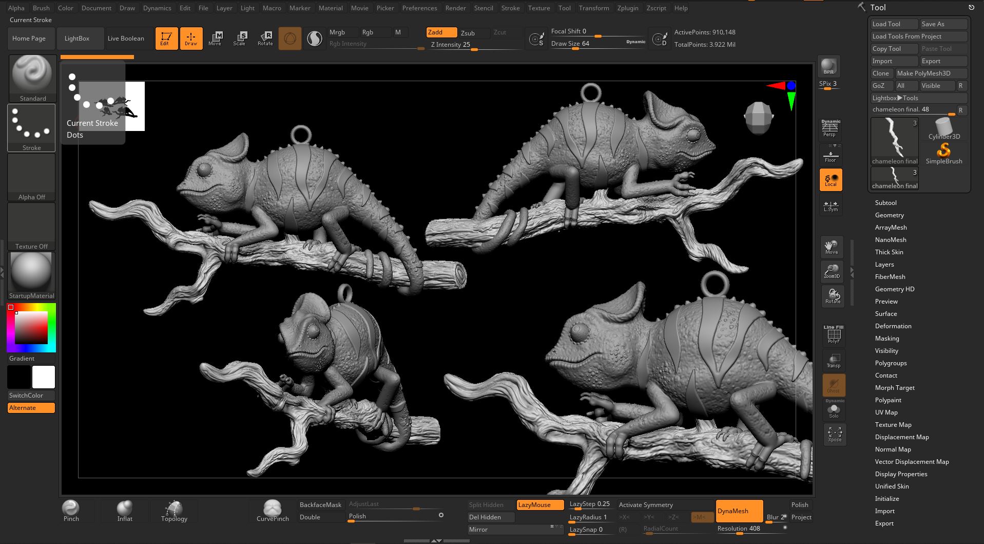 Anhänger in Form eines Chamäleons modelliert in ZBrush