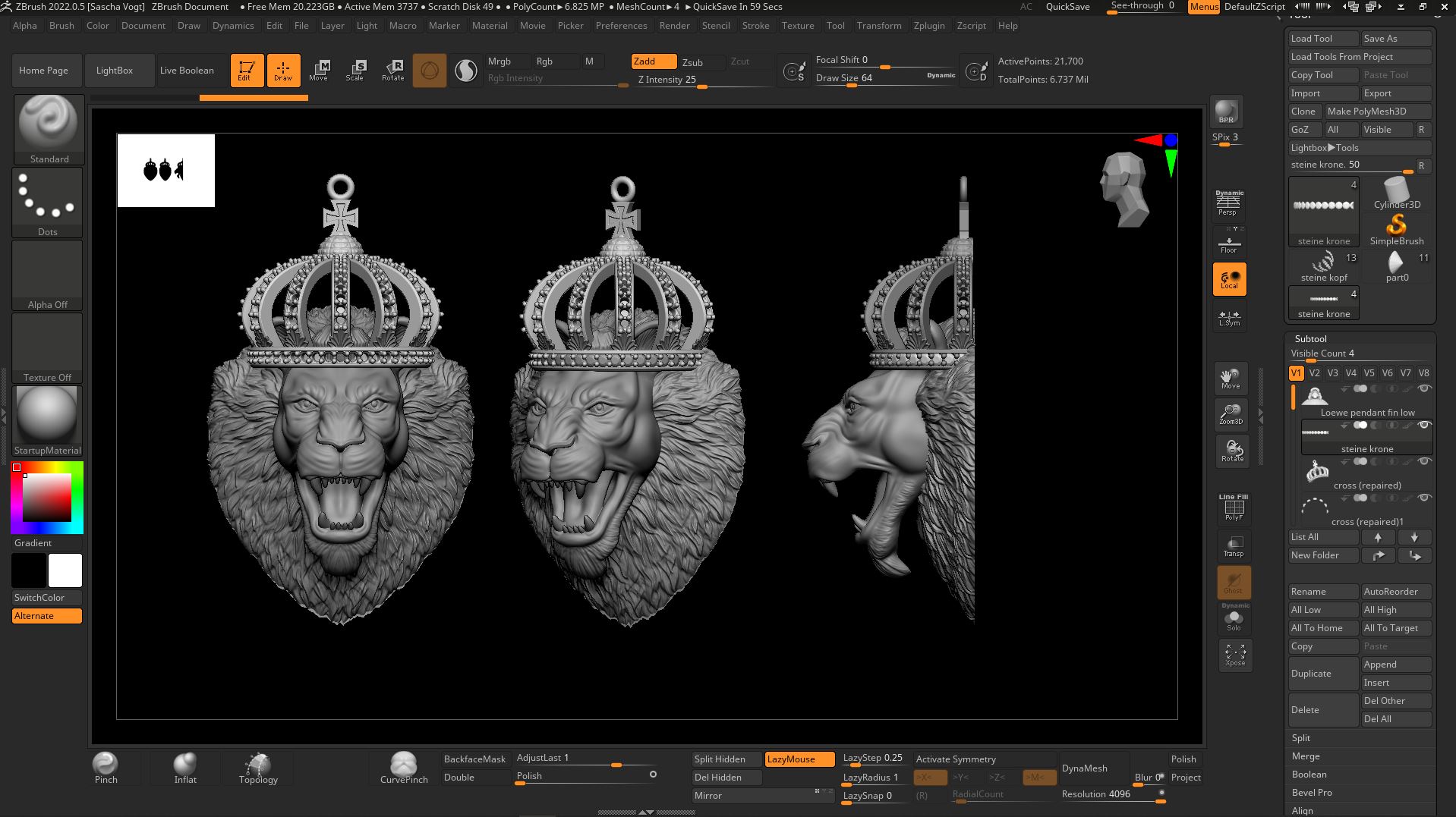 Anhänger in Form eines Löwenkopfes modelliert in ZBrush