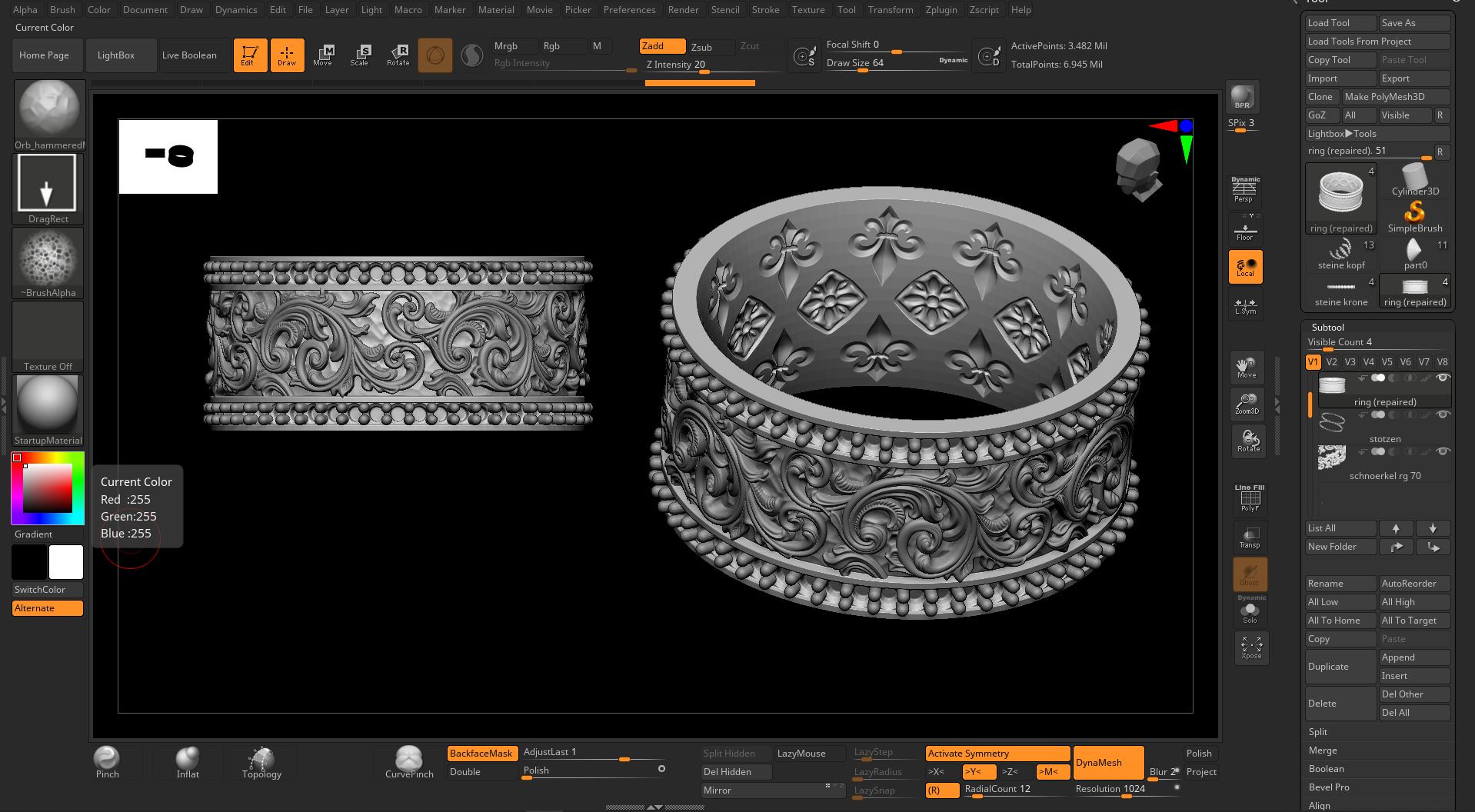 Ring mit floralem Muster modelliert in ZBrush